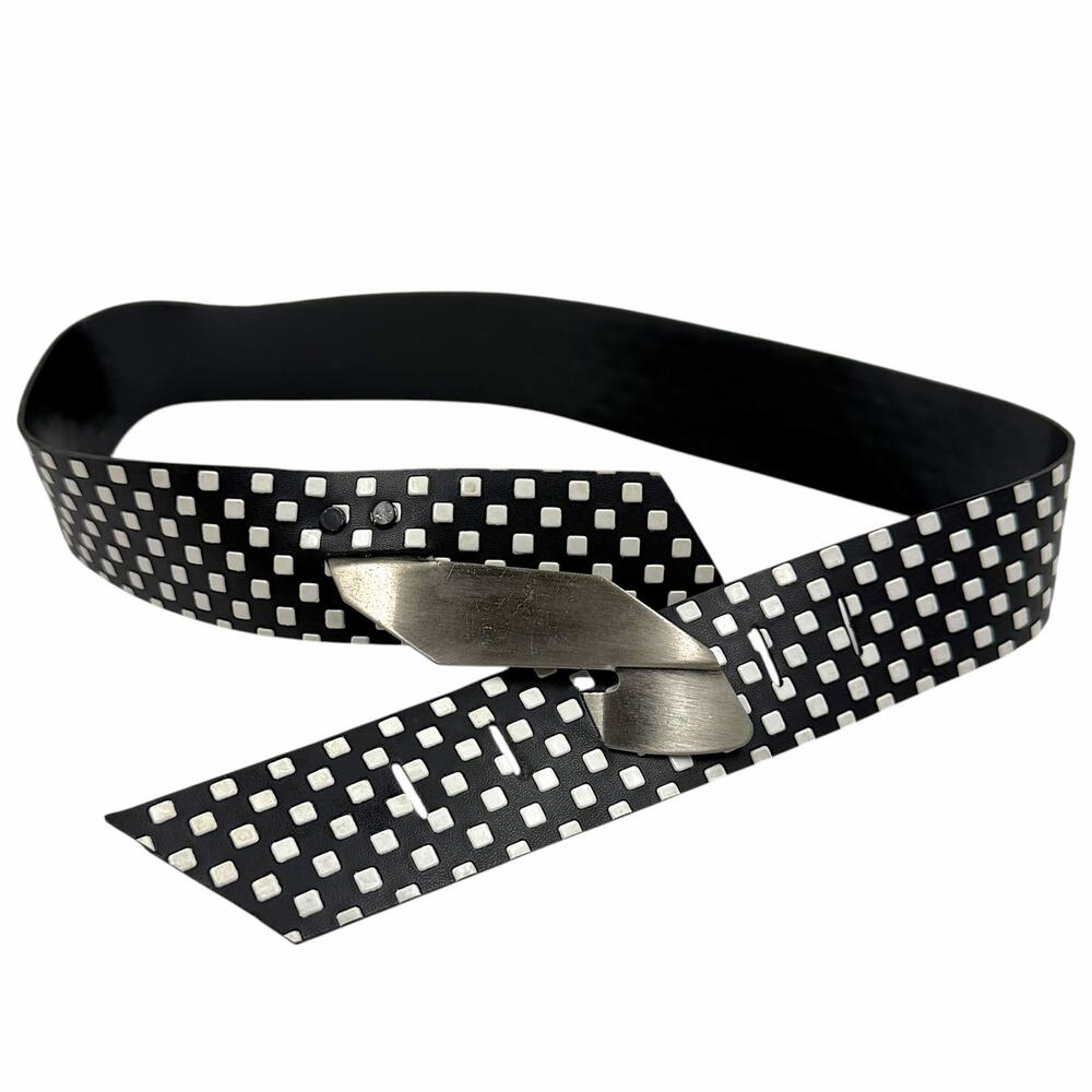 Vtg 80s Checkered Black White Grid Vinyl Belt Geometric Silver Buckle S M Retro